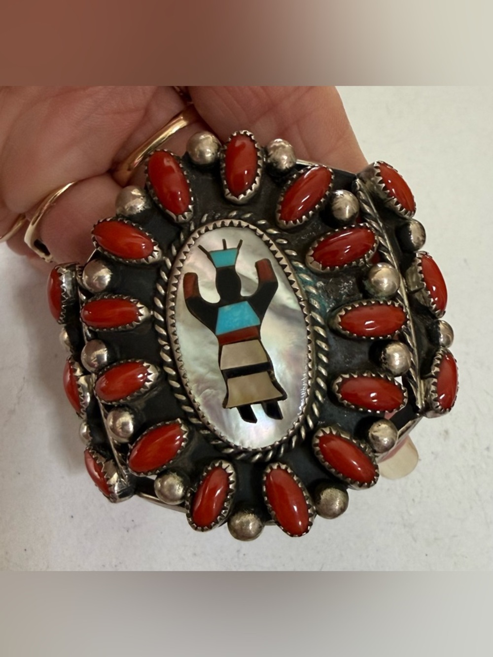 NAVAJO RHB Roland Hogan BEGAY Sterling & Coral MOP Inlaid Kachina  Cuff Bracelet - Picture 2 of 4